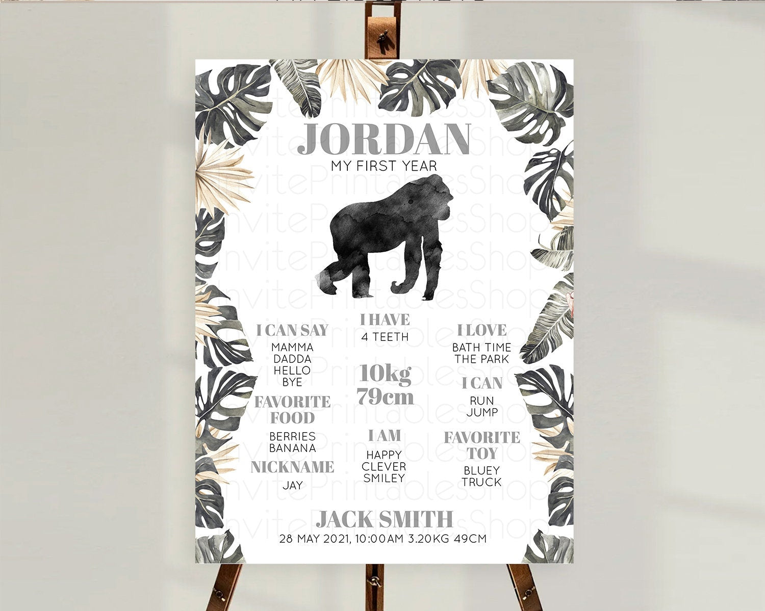 Editable Gorilla First Birthday Milestone Board Gorilla Milestone Poster Gor
