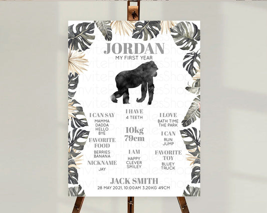 Editable Gorilla First Birthday Milestone Board Gorilla Milestone Poster Gor