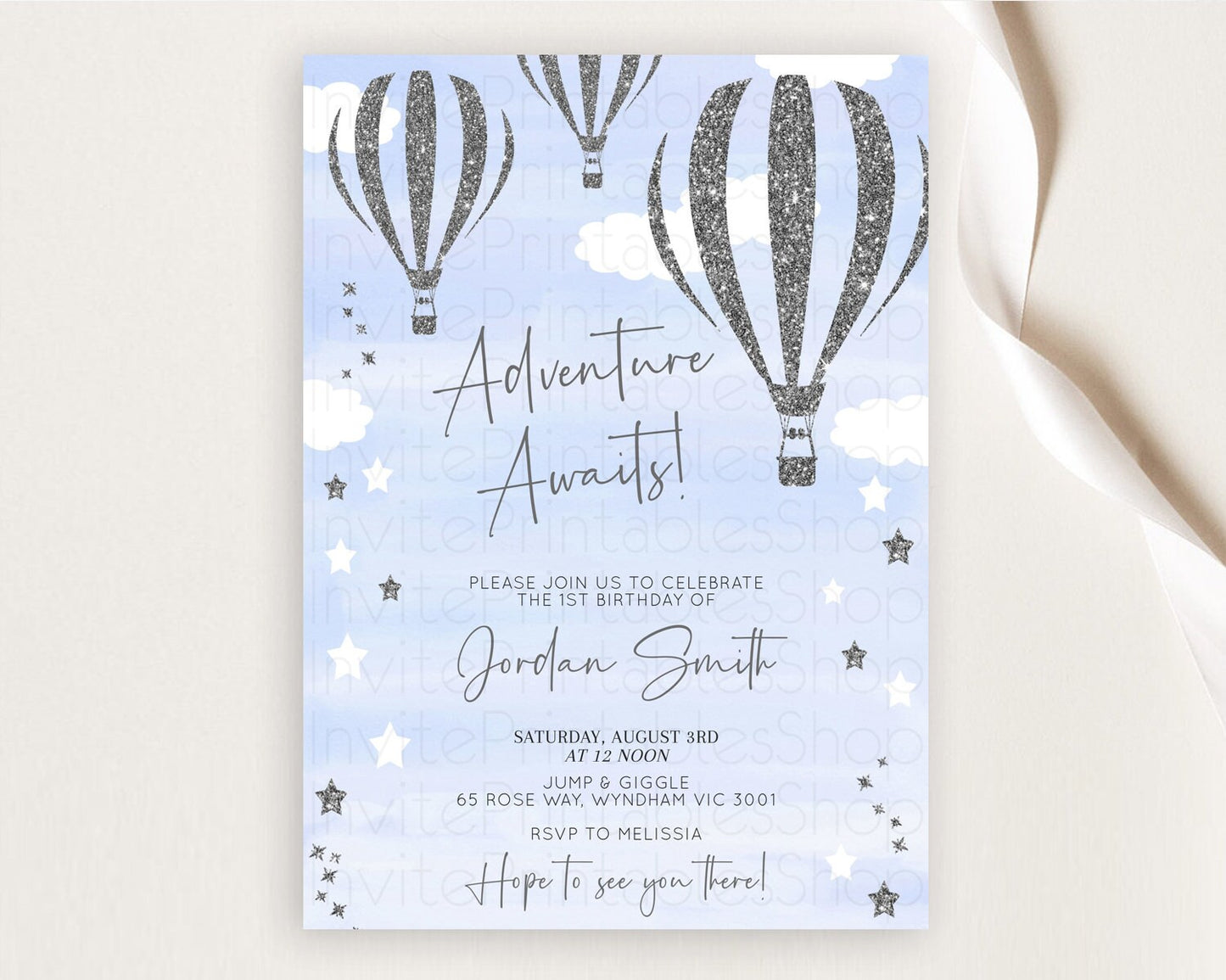 Hot Air Balloon Birthday Invitation Hot Air Balloon Invites Adventure Awaits Up Up & Away Glitter Blue Watercolor 1st Birthday Boy D10334