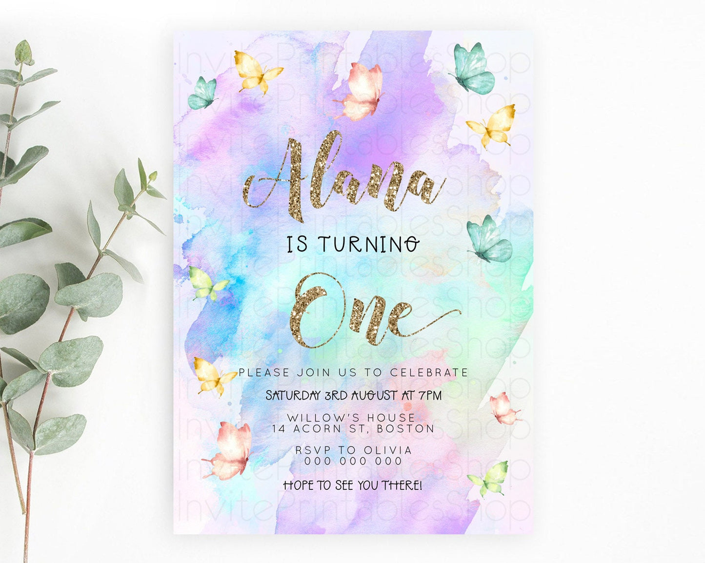 Pastel Butterfly Birthday Invitation Butterfly Birthday Invitation Colorful Splash Glitter Butterfly Garden 1st 2nd Birthday D23244