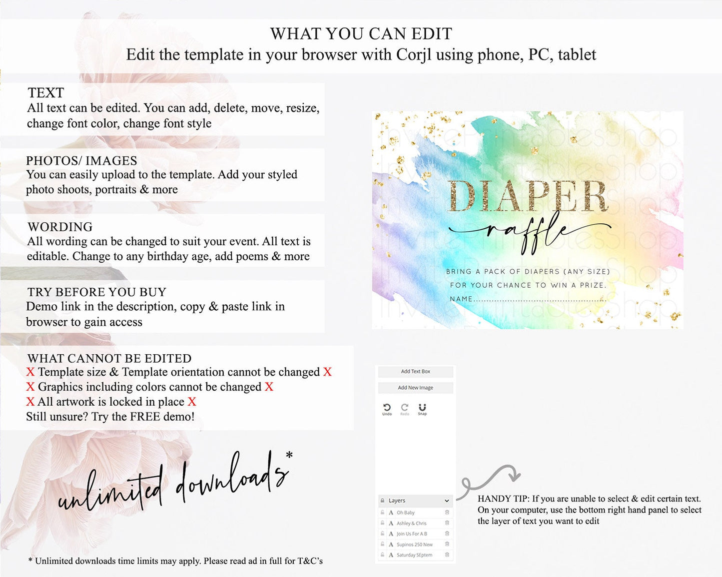 Pastel Diaper Raffle Card Pastel Rainbow Diaper Raffle Insert Colorful Ombre Watercolor Diaper Ticket Confetti Glitter Raffle Game D11028