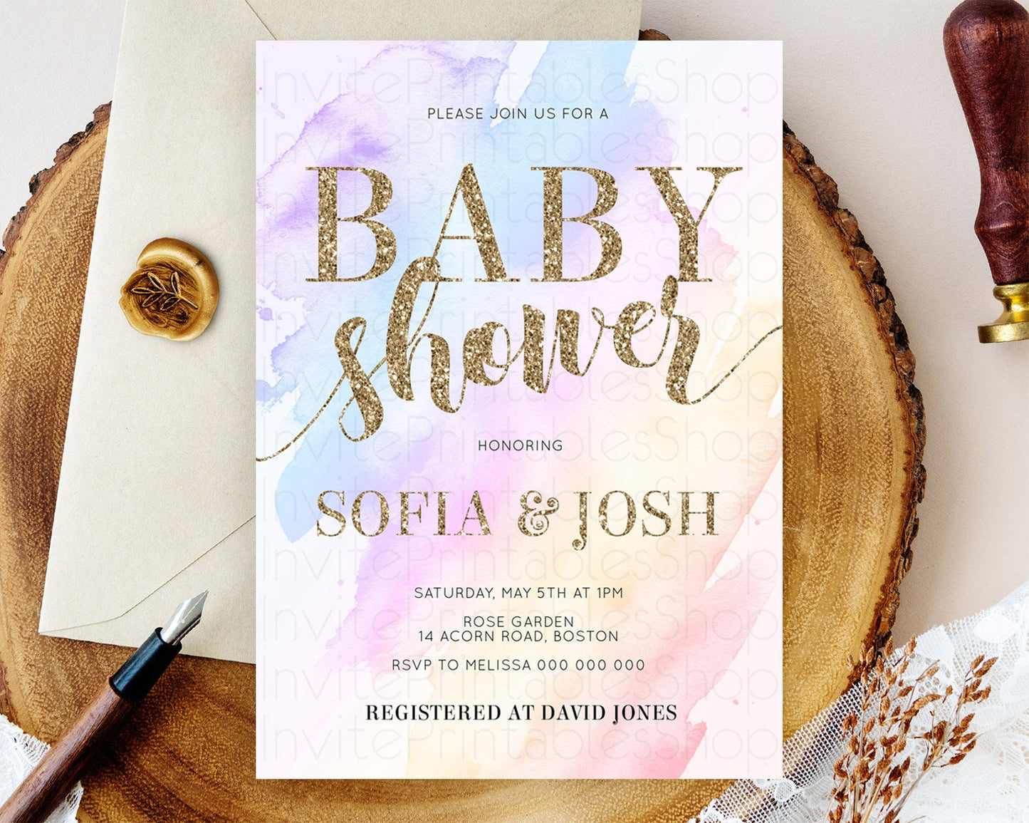 Pastel Baby Shower Invitation Rainbow Baby Shower Invitation Colorful Pastel Watercolor Invitation Gold Glitter Sprinkles Ombre D10633