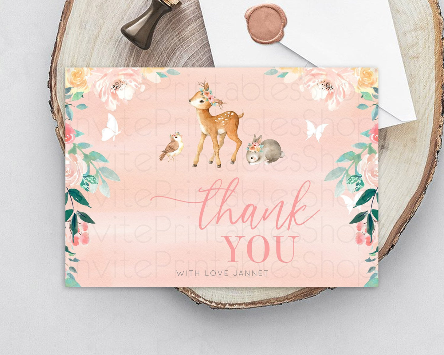 Fawn Thank You Deer Thank You Card Pastel Floral Deer Birthday Thank You Card Enchanted Forest Butterfly Deer Teacher Thank You Card D10921