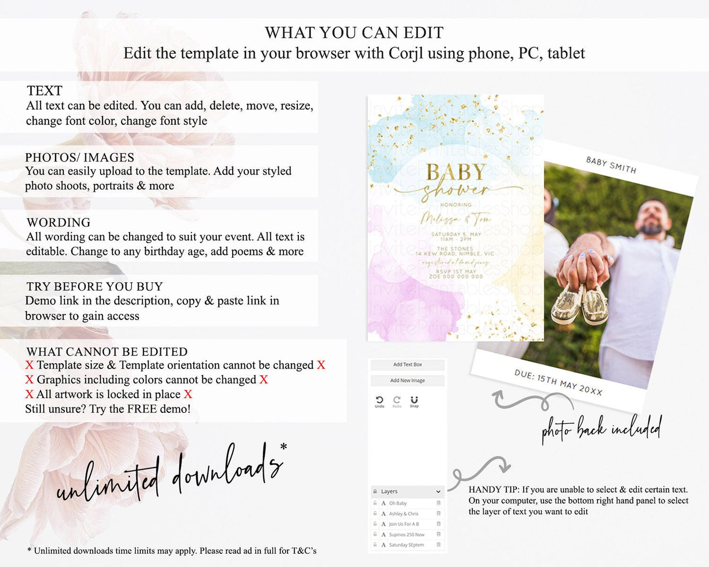 Pastel Rainbow Baby Shower Invitation, Colorful Watercolor with Gold Glitter Sprinkles - Pink, Blue, Yellow Cloud Theme Gender Reveal D10204