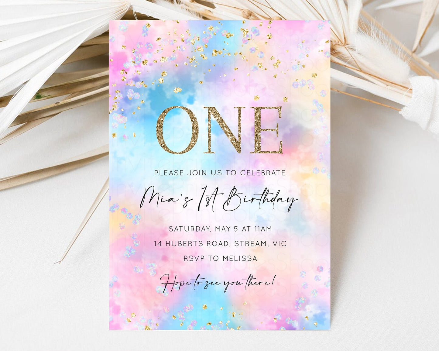 Rainbow Birthday Invitation Pastel Birthday Invitation Ombre Rainbow Invite Colorful Watercolor Invite Glitter Cloud Sprinkle Invite 589v4