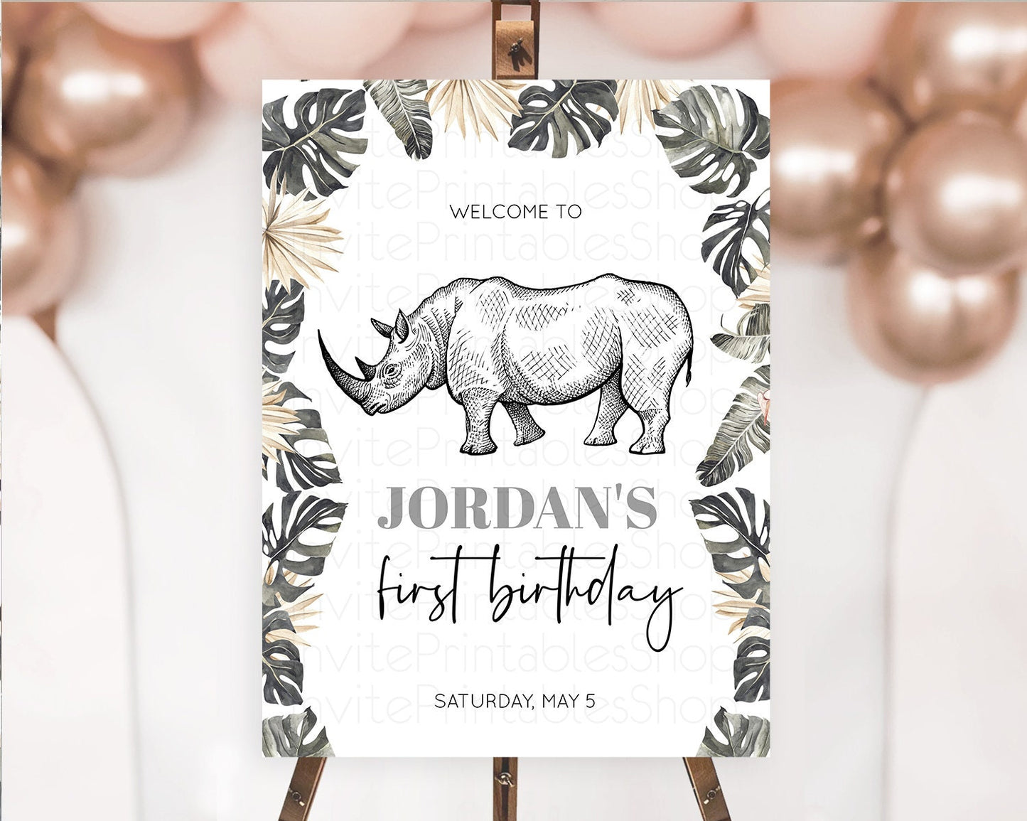 Rhino Welcome Sign Rhino Welcome Board Rhino Welcome Poster Dried Palm Fern Safari Party Decor Rhino First Birthday Welcome Sign D10826