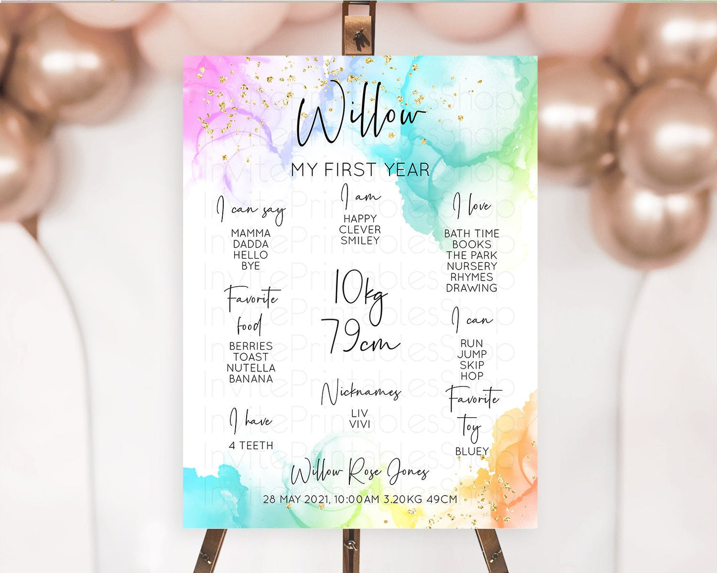 Pastel First Birthday Milestone Board Pastel Rainbow Milestone Poster Colorful Confetti Watercolor Glitter 1st Birthday Welcome Sign D10181