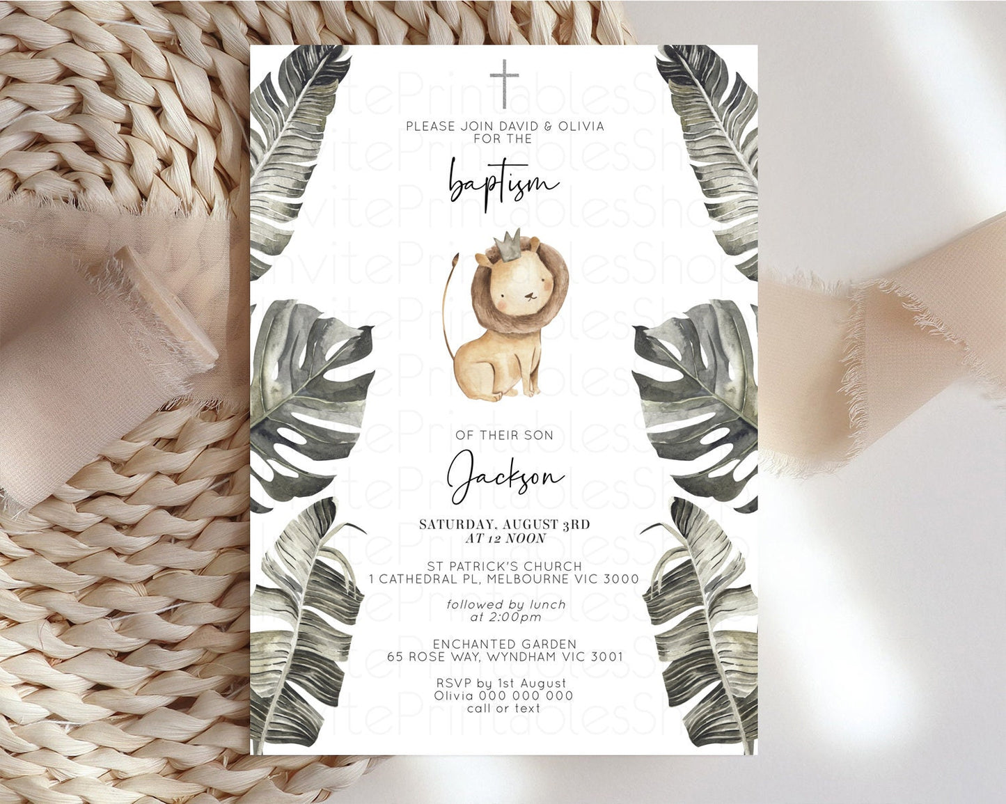 Cute Lion Baptism Invitation Baby Lion Cub Christening Invitation Watercolor Safari Jungle Baby Lion Palm Leaf Holy Communion 584