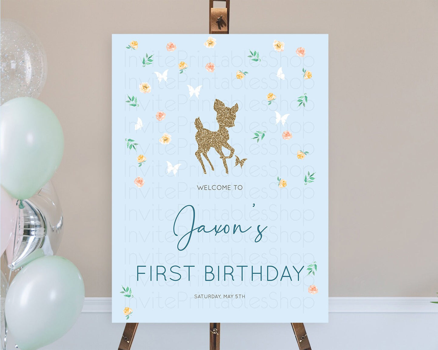 Fawn Welcome Sign Deer Welcome Board Floral Deer Welcome Poster Enchanted Forest Butterfly Pastel Floral First Birthday Welcome Sign D10902