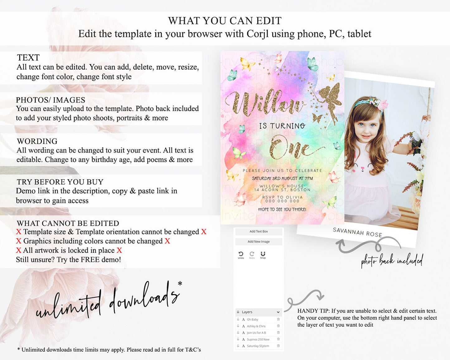 Pastel Fairy Birthday Invitation Pastel Butterflies Fairy Birthday Invitation Rainbow Ombre Watercolor 1st 2nd Birthday Invitation D23337