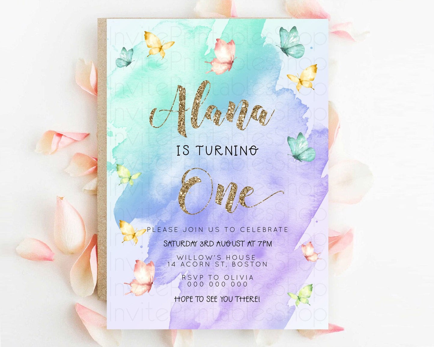 Pastel Butterfly Birthday Invitation Butterfly Birthday Invitation Colorful Splash Glitter Butterfly Garden 1st 2nd Birthday D23241