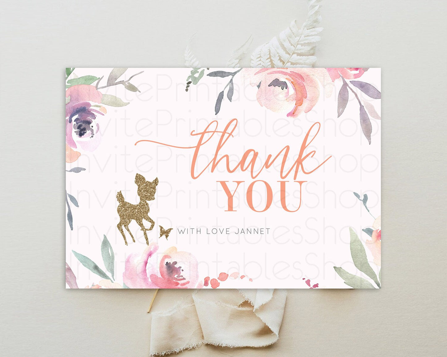 Fawn Thank You Deer Thank You Card Pastel Floral Deer Birthday Thank You Card Enchanted Forest Butterfly Deer Teacher Thank You Card D10196