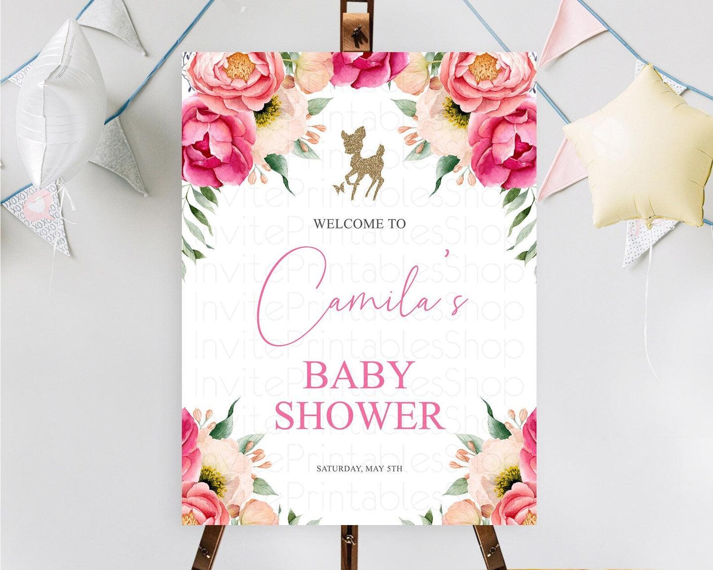 Fawn Baby Shower Welcome Sign Deer Welcome Board Floral Deer Welcome Poster Enchanted Forest Butterfly Pastel Floral Welcome Sign D10326