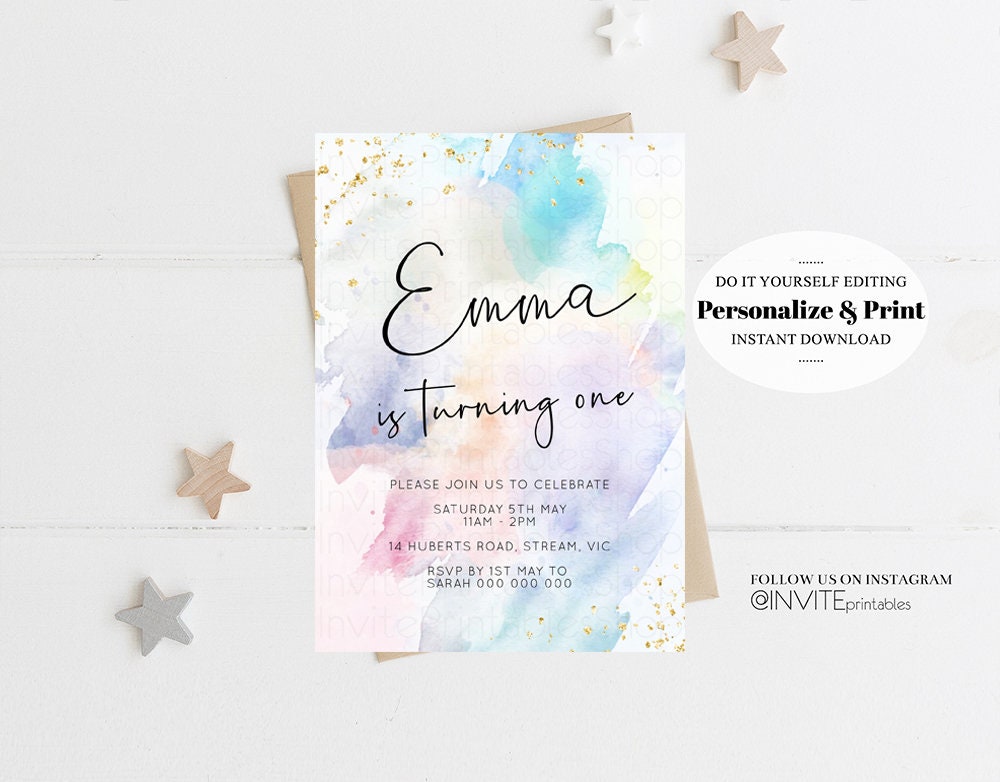 Rainbow Birthday Invitation Ombre Pastel Invitation Colorful Watercolor Splash Invite Gold Glitter Sprinkles Printable Digital Invite T487