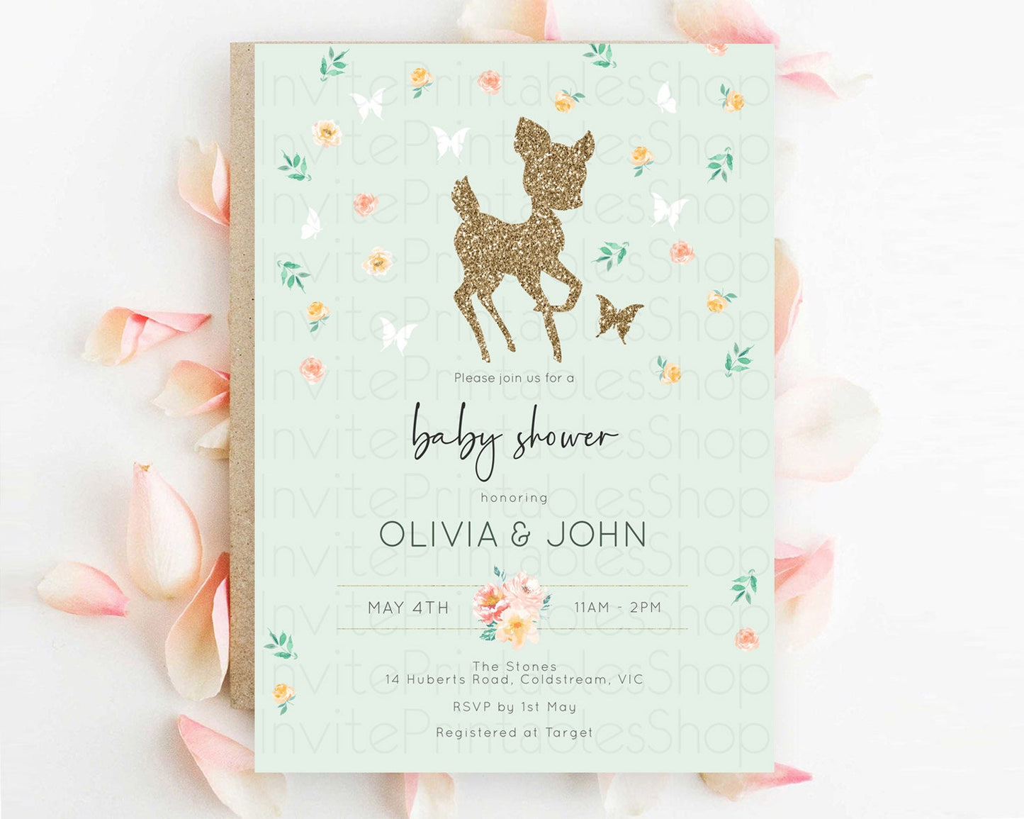 Fawn Baby Shower Invitation, Enchanted Forest Theme Glitter Deer, Butterflies, Pastel Flowers - Whimsical Floral Orange, Green D10385