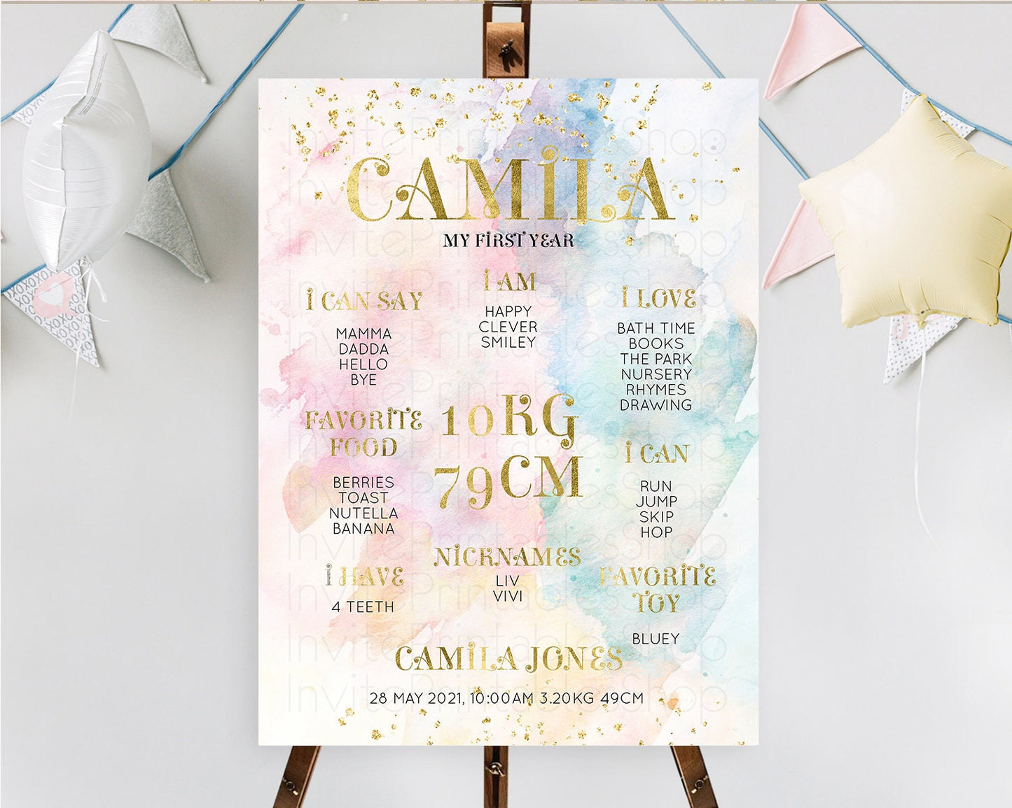 Pastel First Birthday Milestone Board Pastel Rainbow Milestone Poster Colorful Confetti Watercolor Glitter 1st Birthday Welcome Sign D10835