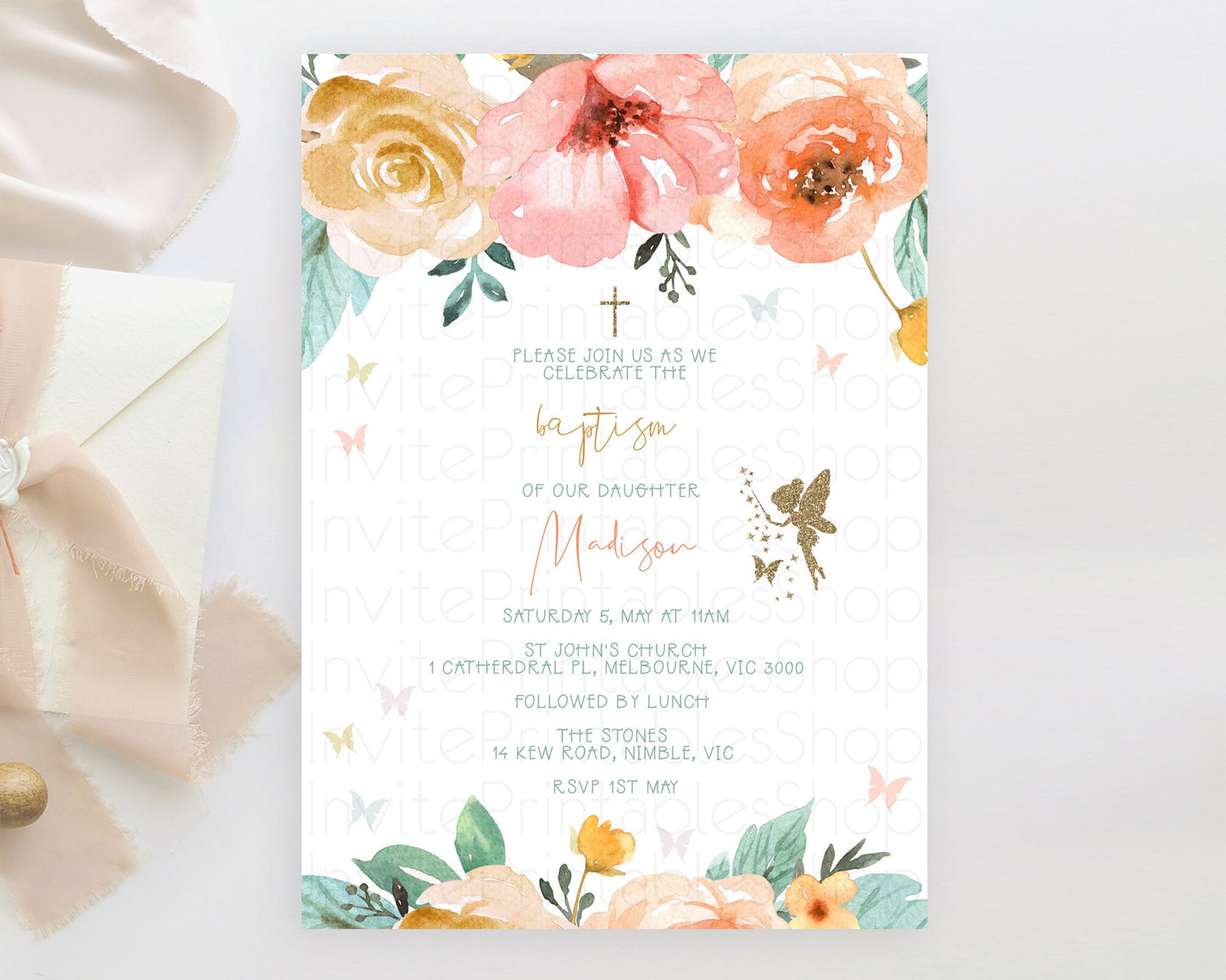 Fairy Baptism Invitation Fairy Baptism 1st Birthday Invitation Enchanted Secret Garden Christening Invite Pastel Floral Butterfly D10346