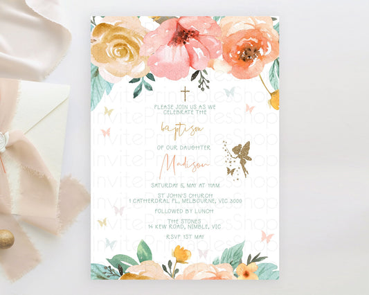 Fairy Baptism Invitation Fairy Baptism 1st Birthday Invitation Enchanted Secret Garden Christening Invite Pastel Floral Butterfly D10346