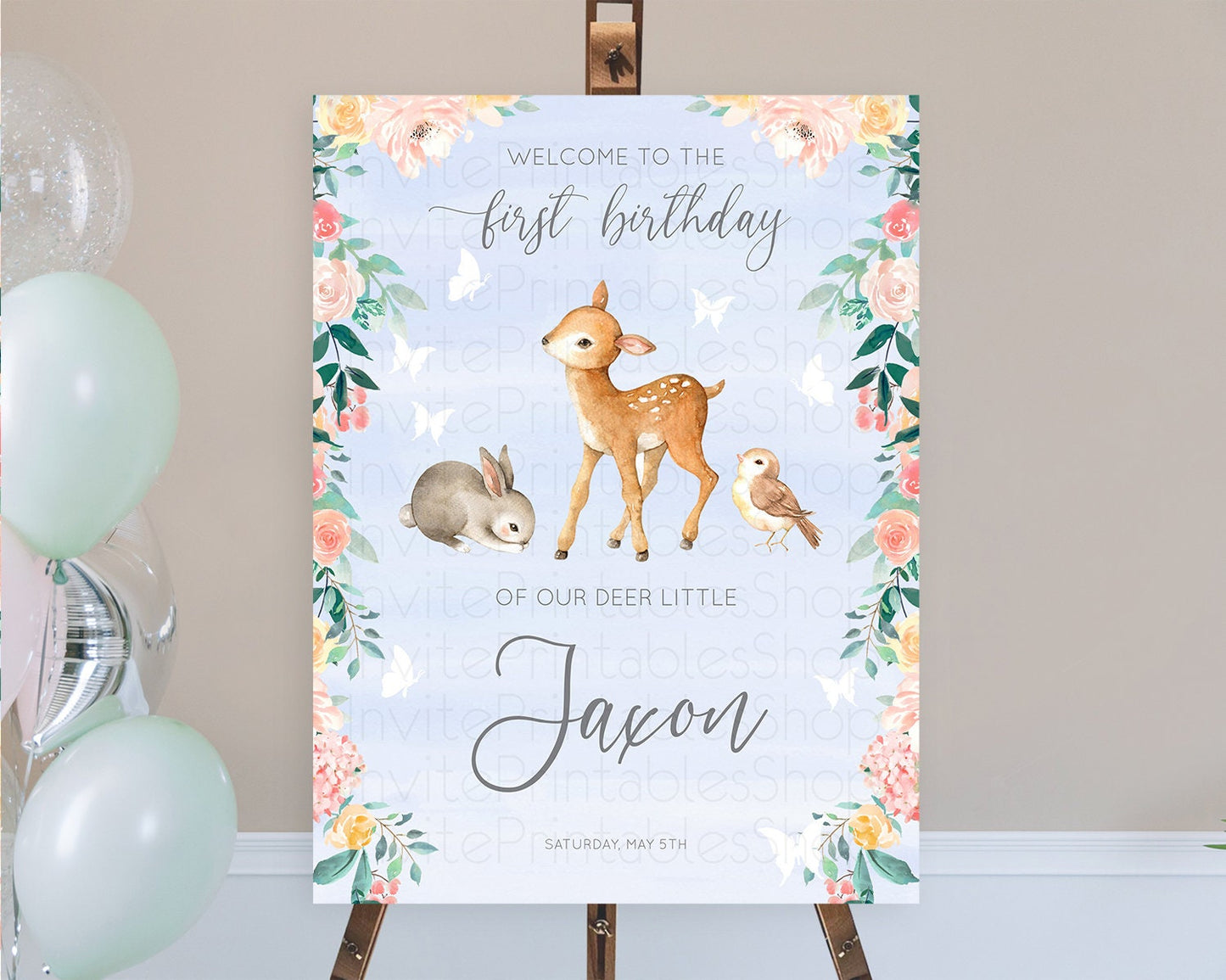 Fawn Welcome Sign Deer Welcome Board Floral Deer Welcome Poster Enchanted Forest Butterfly Pastel Floral First Birthday Welcome Sign D10920