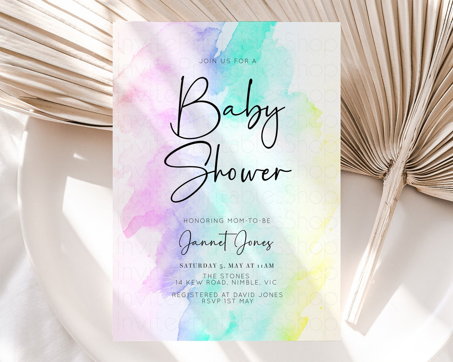 Rainbow Baby Shower Invitation Pastel Baby Sower Invite Colorful Splash Invite Sprinkle Confetti Watercolor Ombre Baby Shower Invite F210