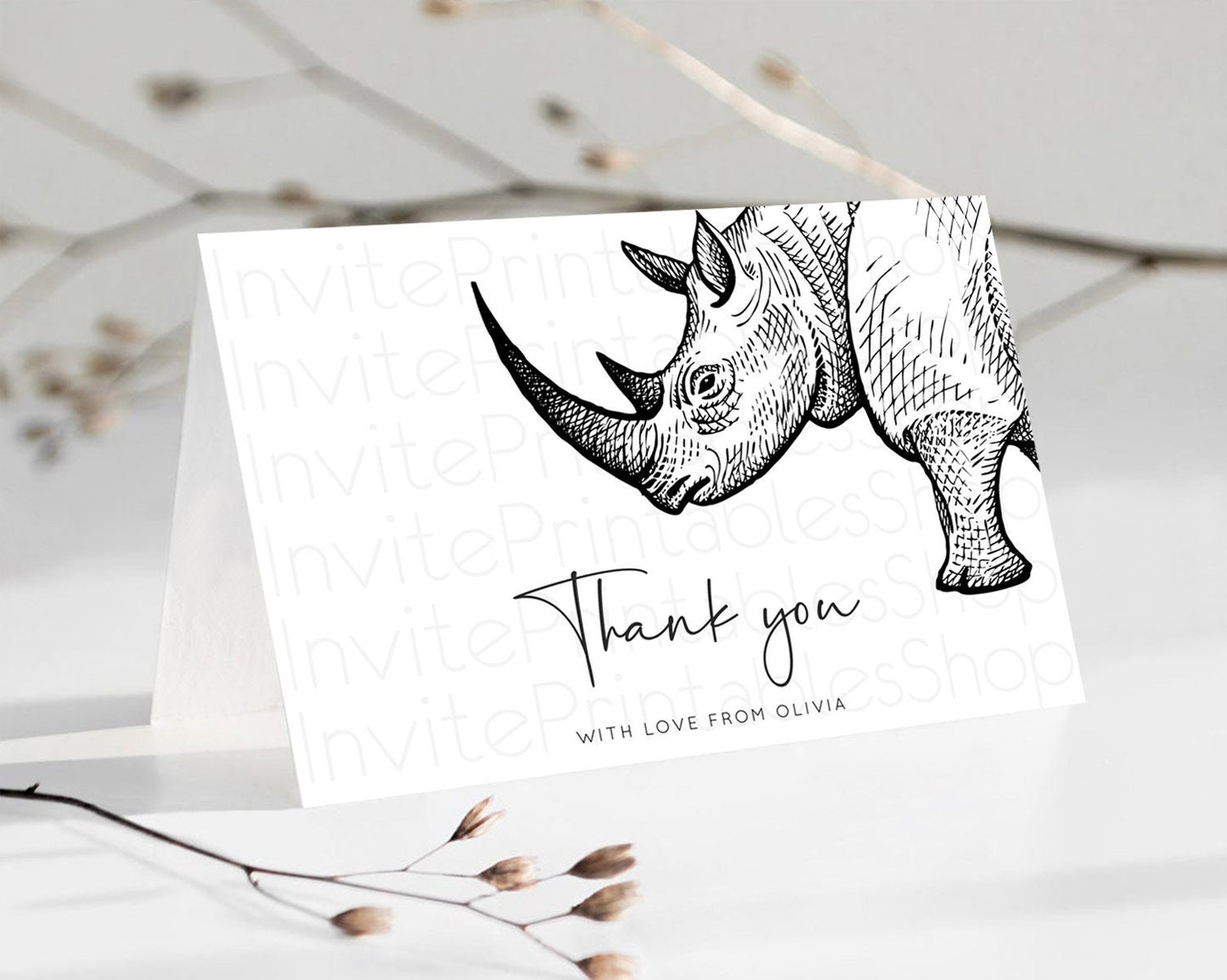 Editable Rhino Thank You Rhino Thank You Card Rhino Birthday Thank You Card