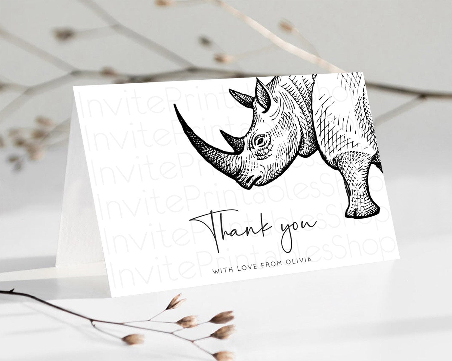 Editable Rhino Thank You Rhino Thank You Card Rhino Birthday Thank You Card