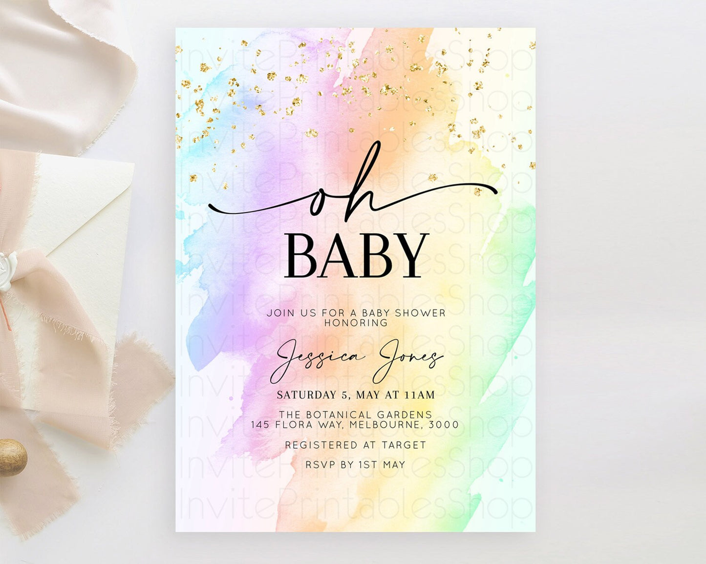 Pastel Baby Shower Invitation Rainbow Baby Shower Invitation Colorful Pastel Watercolor Invitation Gold Glitter Sprinkles Ombre D10645