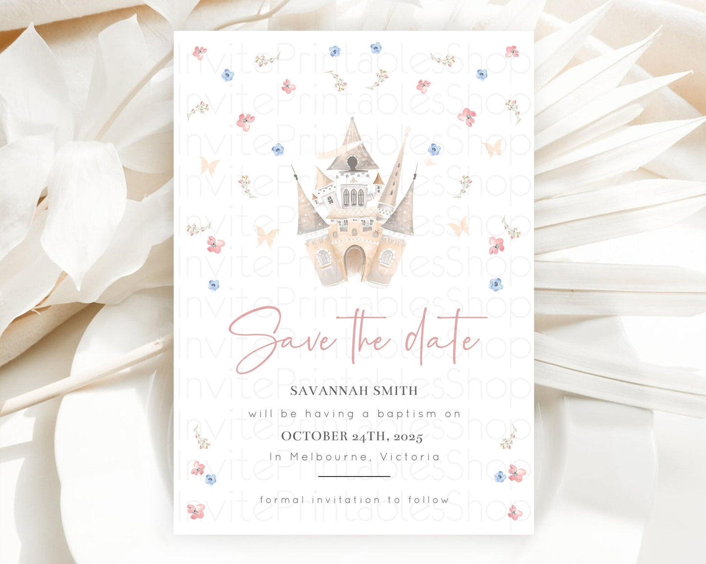 Princess Save The Date Template Secret Garden Enchanted Castle Pastel Floral Royal Party For 1st Birthday Baptism Baby Shower D10364