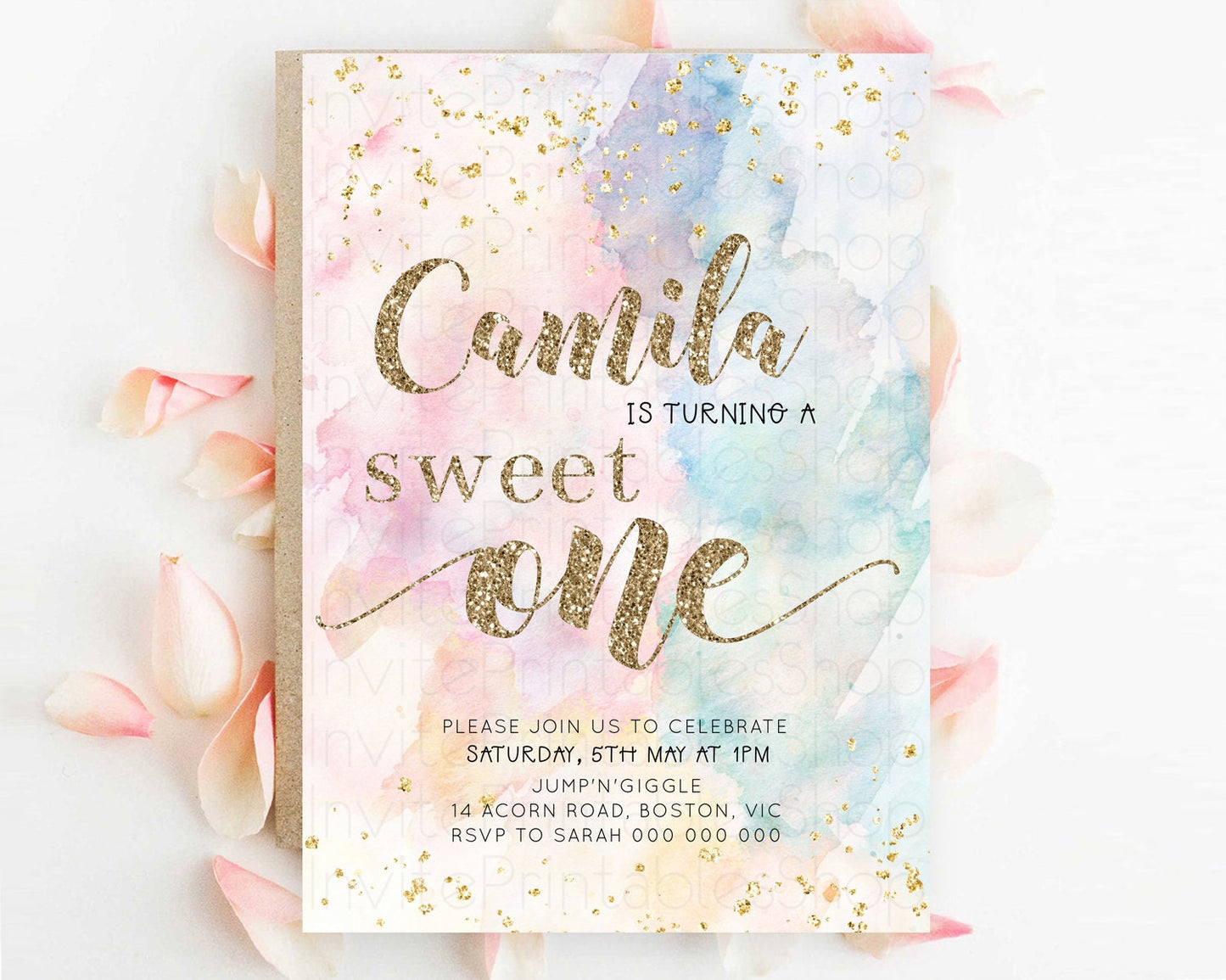 Rainbow Birthday Invitation Glitter Pastel Invitation Colorful Watercolor Gold Foil Splatter Sprinkle Ombre Sweet One Invitation D10264
