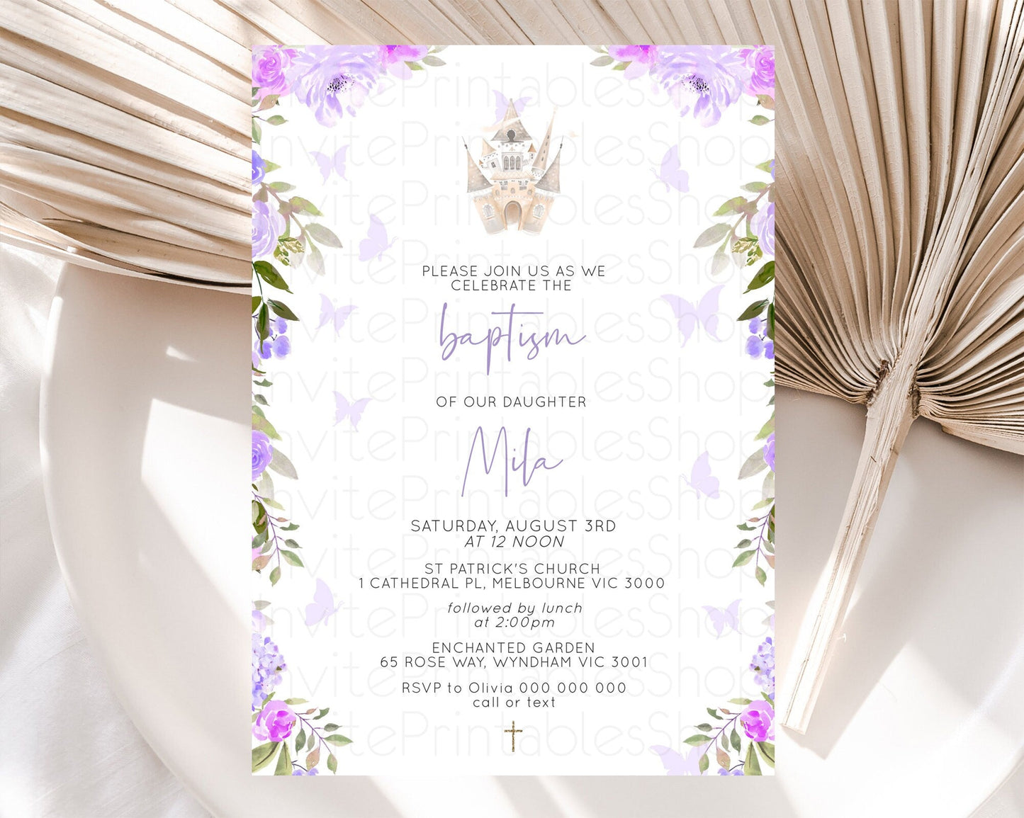 Princess Baptism Invitation Enchanted Castle Baptism 1st Birthday Invitation Royal Party Pastel Floral Secret Garden Christening D10339