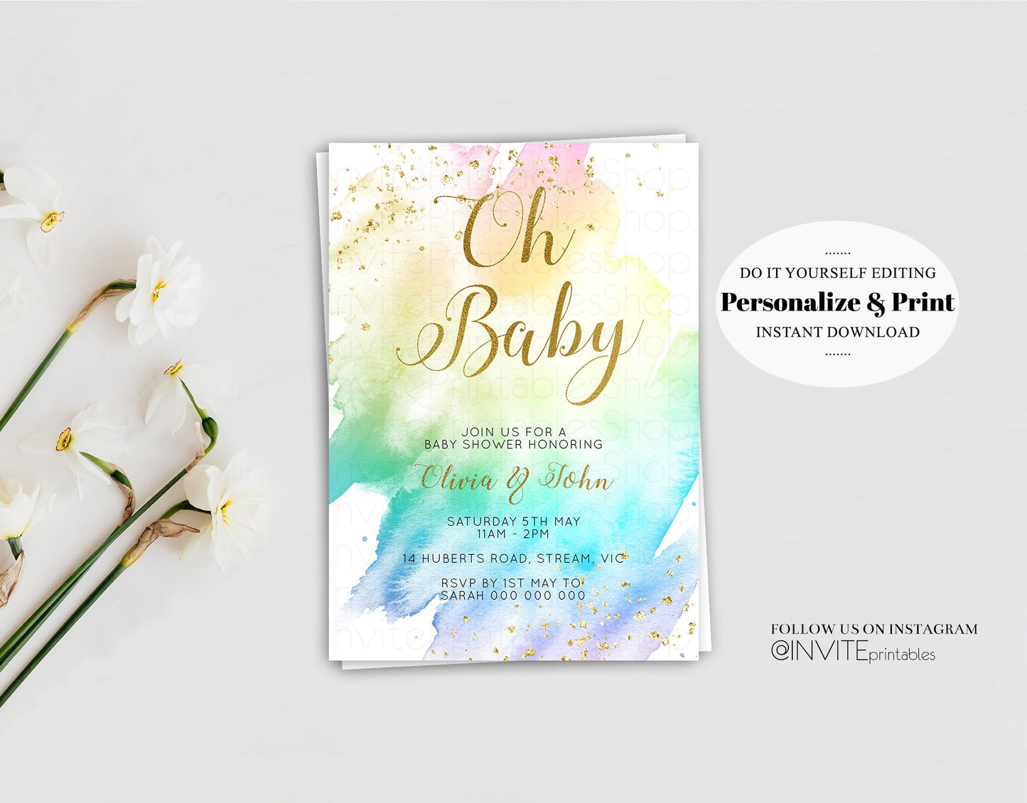 Rainbow Baby Shower Invitation Soft Pastel Watercolor Colorful Splash Blue Pink Purple Yellow Gold Foil Splatter Editable Template D11028