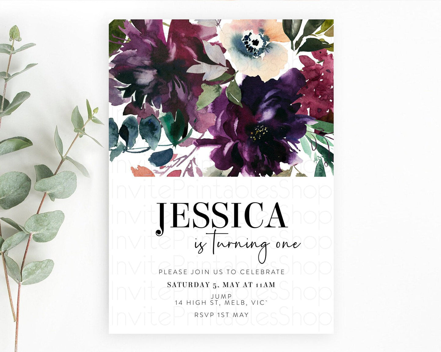 Secret Garden Wildflower Birthday Invitation, Pastel Burgundy Flowers, Boho Floral, 1st, 2nd, 3rd Birthday, D11062