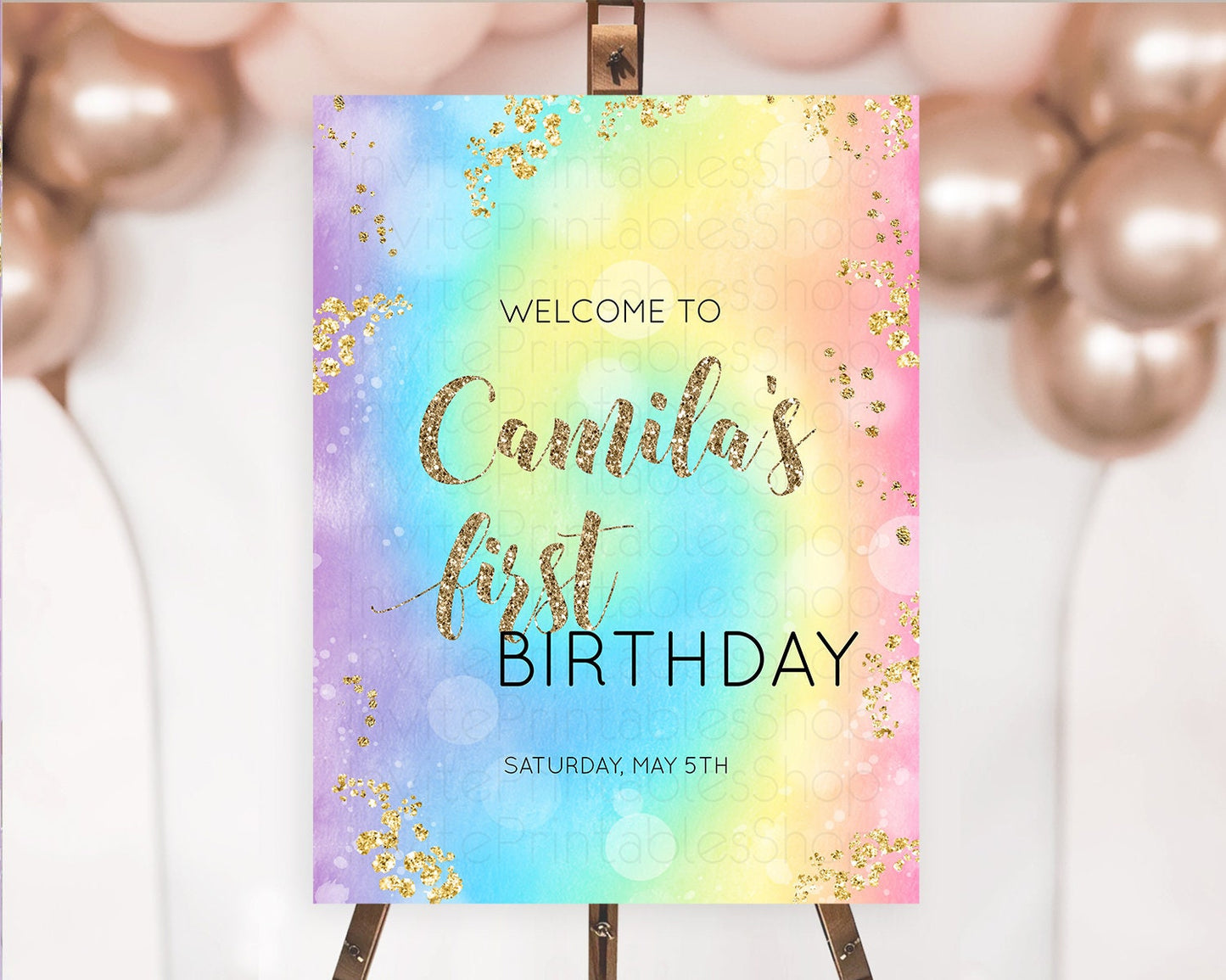 Pastel Welcome Sign Pastel Rainbow Welcome Sign Colorful Rainbow Confetti Watercolor Glitter Pastel First Birthday Welcome Sign D10568