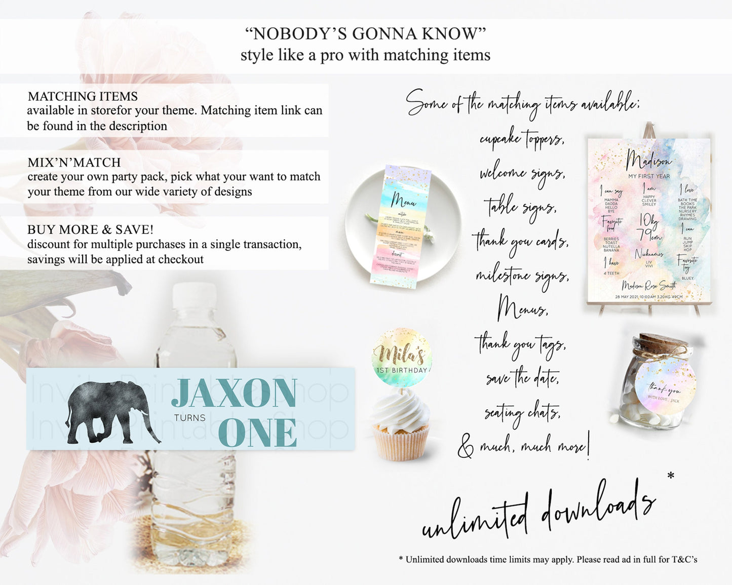 Elephant Water Label Template Elephant Safari Adventure Party Decor Dried Palm Fern Zoo Birthday Baptism Baby Shower Bridal Shower D10802