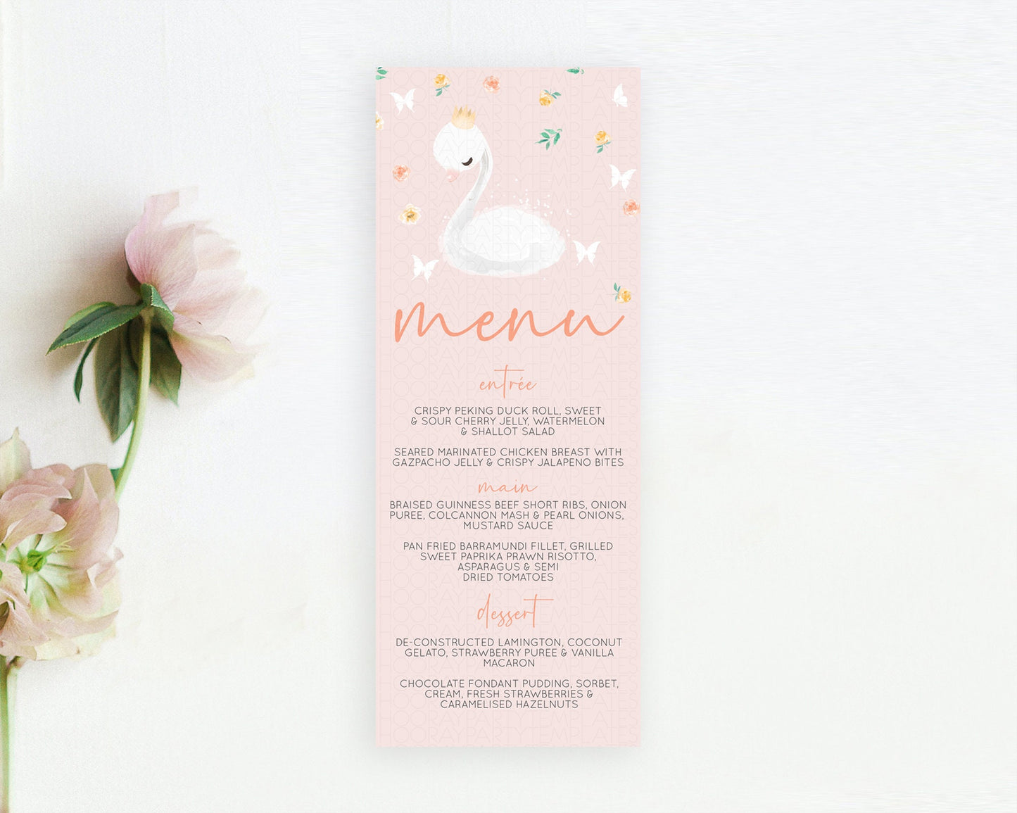 Swan Menu Swan Princess Ballet Menu Template Enchanted Swan Lake Table Decor Secret Garden Pastel Floral Dinner Dessert Food Menu  D10388