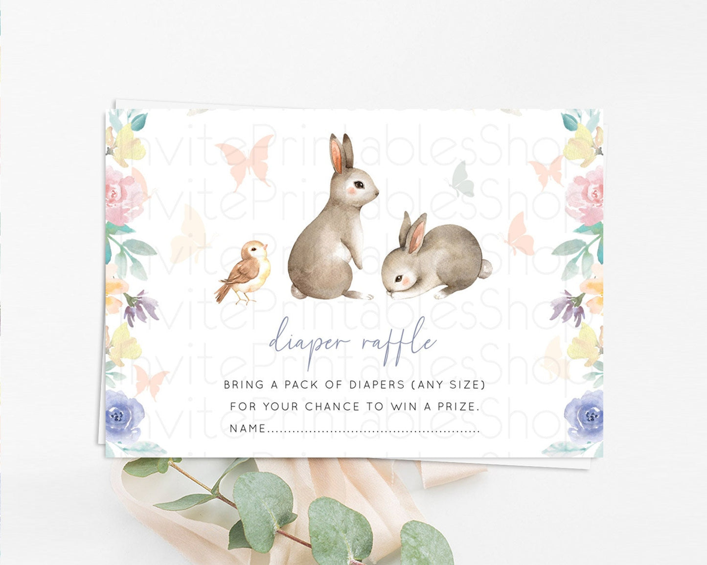 Bunny Diaper Raffle Card Floral Bunny Diaper Raffle Insert Pastel Flowers Woodland Bunny Diaper Ticket Forest Bunny Raffle Game D10928