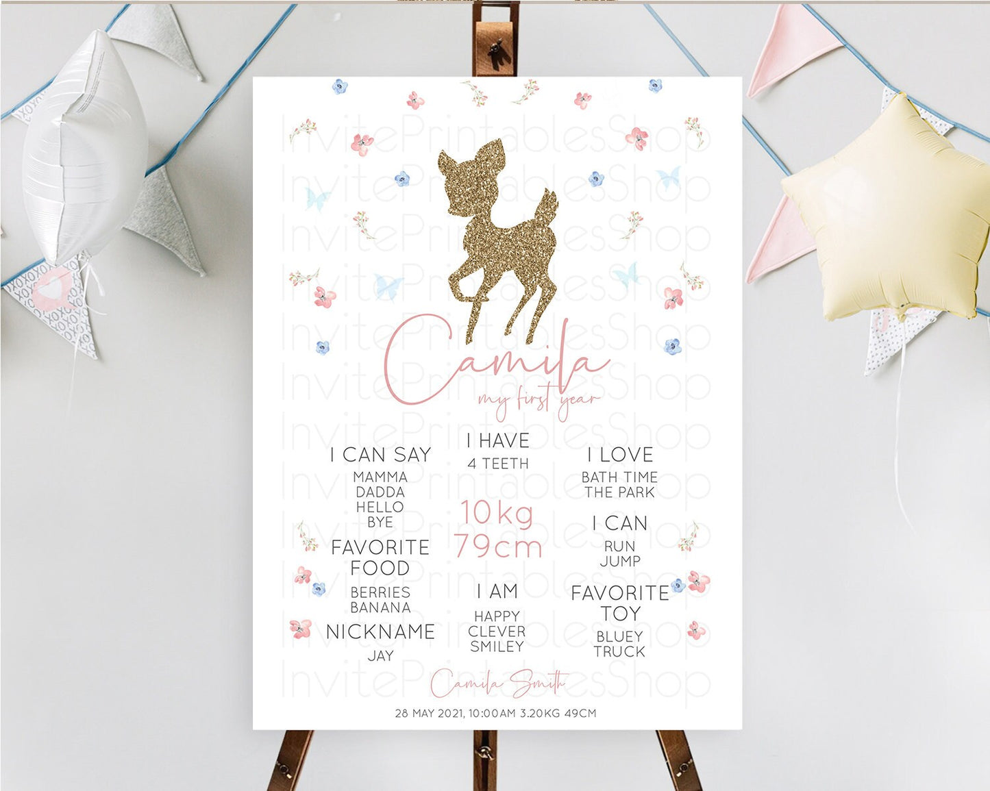 Fawn First Birthday Milestone Board Deer First Birthday Milestone Poster Enchanted Forest Butterfly Pastel Flowers 1st Birthday Sign D10359