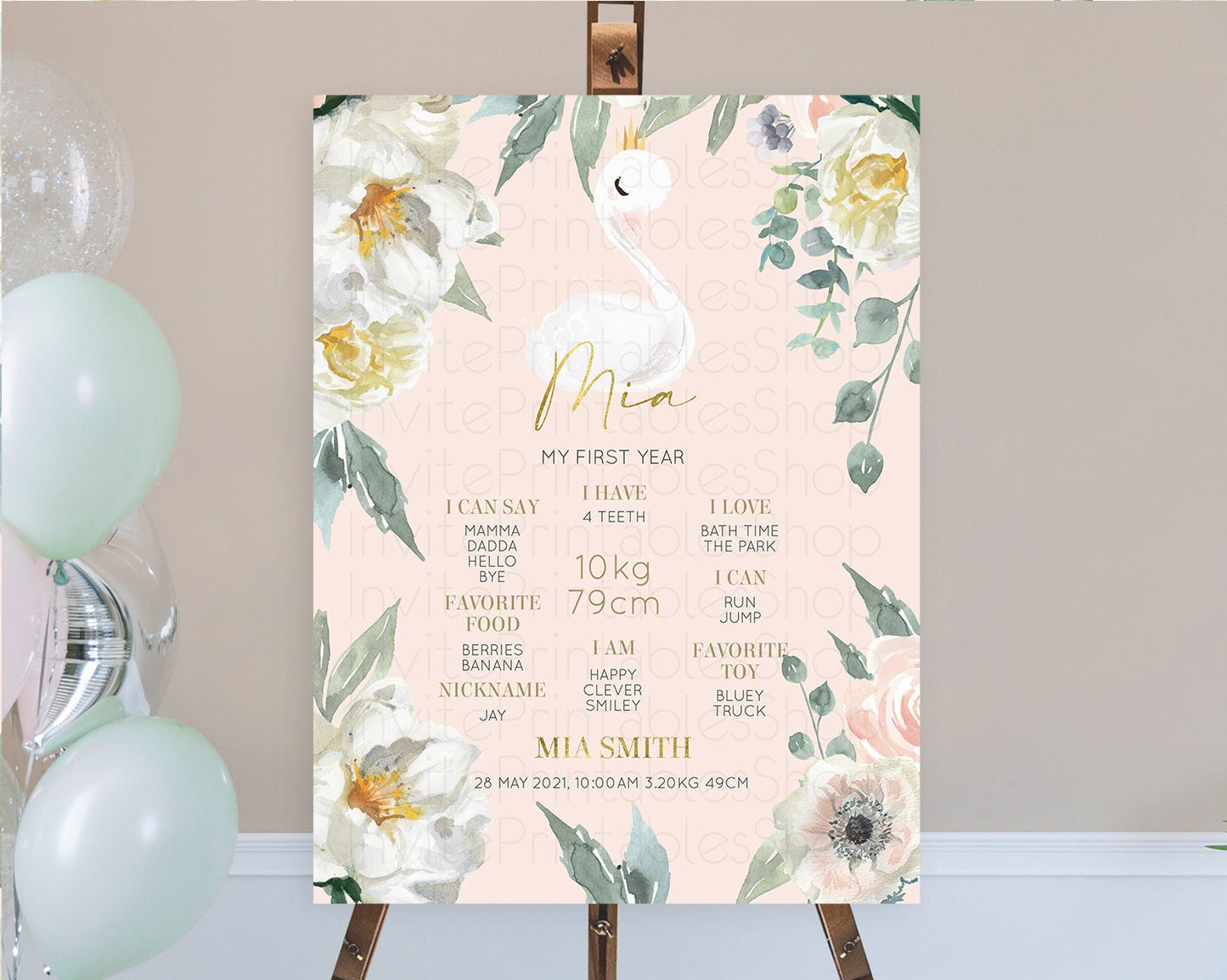 Swan First Birthday Milestone Poster Swan Princess Ballet Milestone Board Enchanted Forest Swan Lake Secret Garden Pastel Floral D10115