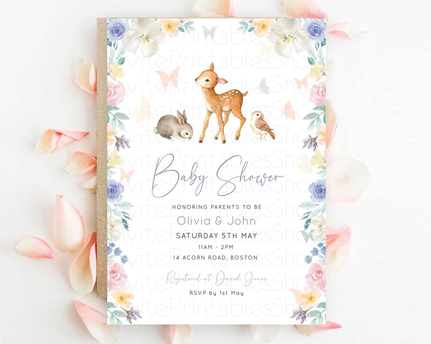 Enchanted Forest Baby Shower Invitation: Fawn, Bunny, Deer, Butterfly, Pastel Flowers, Whimsical Woodland, Pink, Blue, White Floral D10930