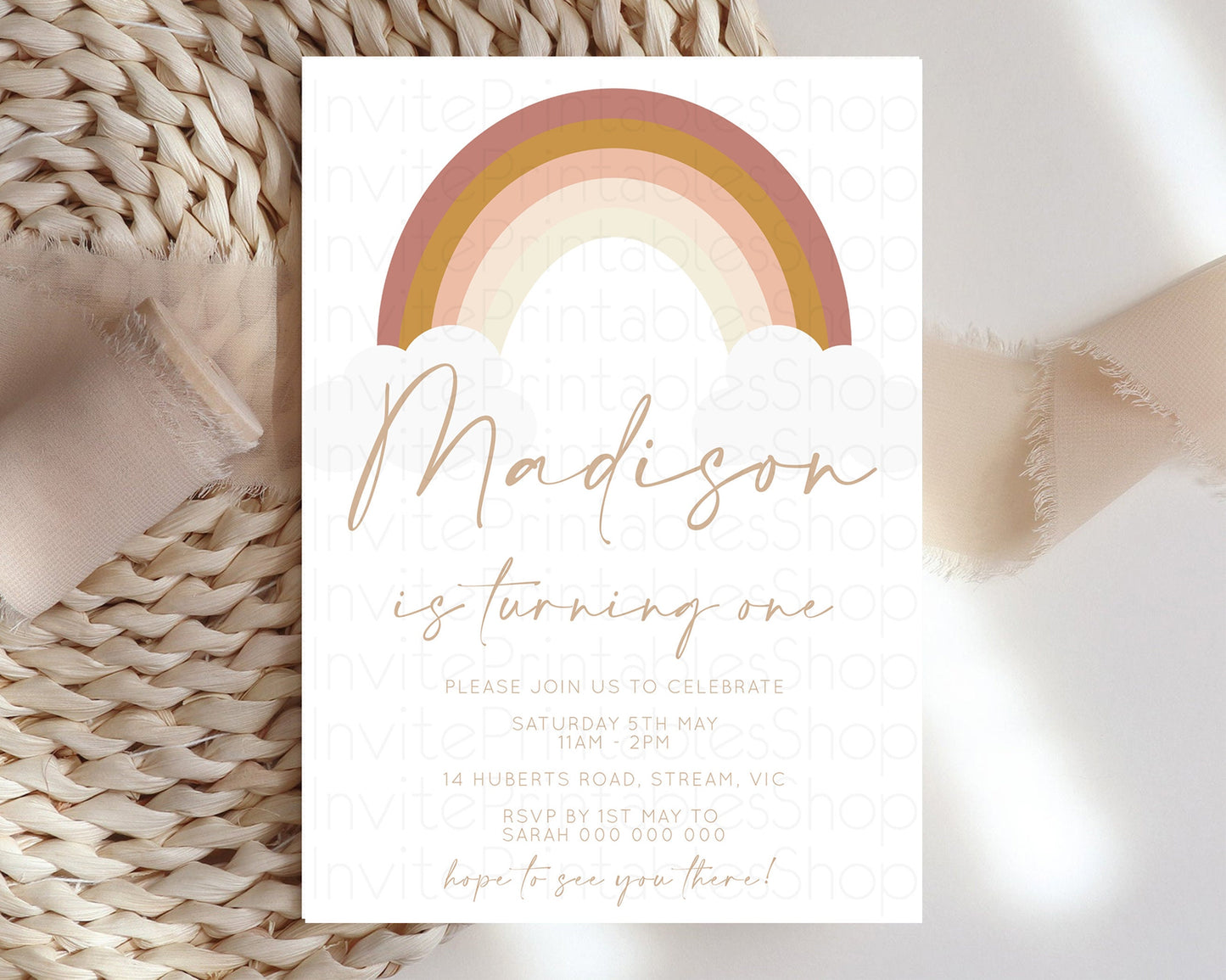 Boho Rainbow Birthday Invitation Pastel Invitation Heart Rainbow Invite Watercolor Orange Brown Earthy Clouds 1st 2nd 3rd Birthday 190