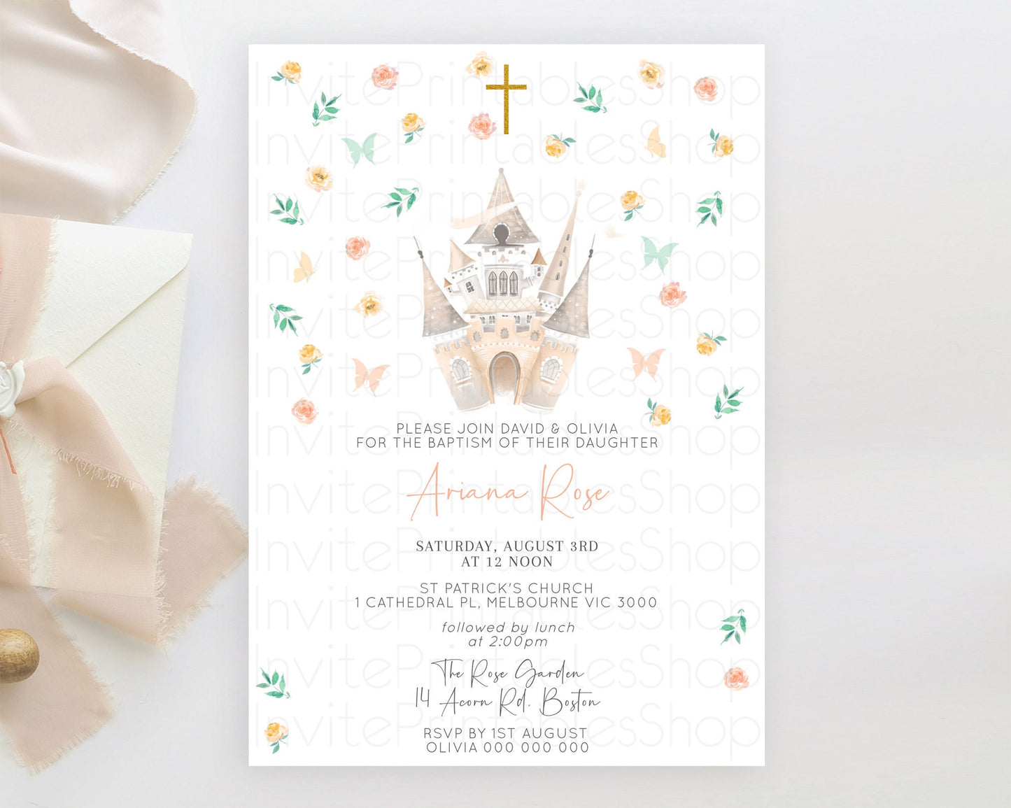 Princess Baptism Invitation Enchanted Castle Baptism 1st Birthday Invitation Royal Party Pastel Floral Secret Garden Christening D10363