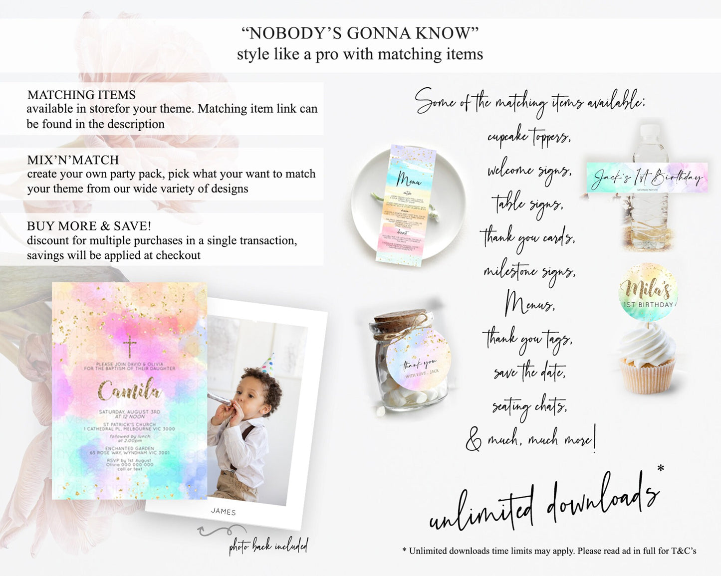 Pastel Baptism Invitation Pastel Colors Watercolor Baptism 1st Birthday Party Gold Ombre Pastel Rainbow Christening Holy Communion D10669