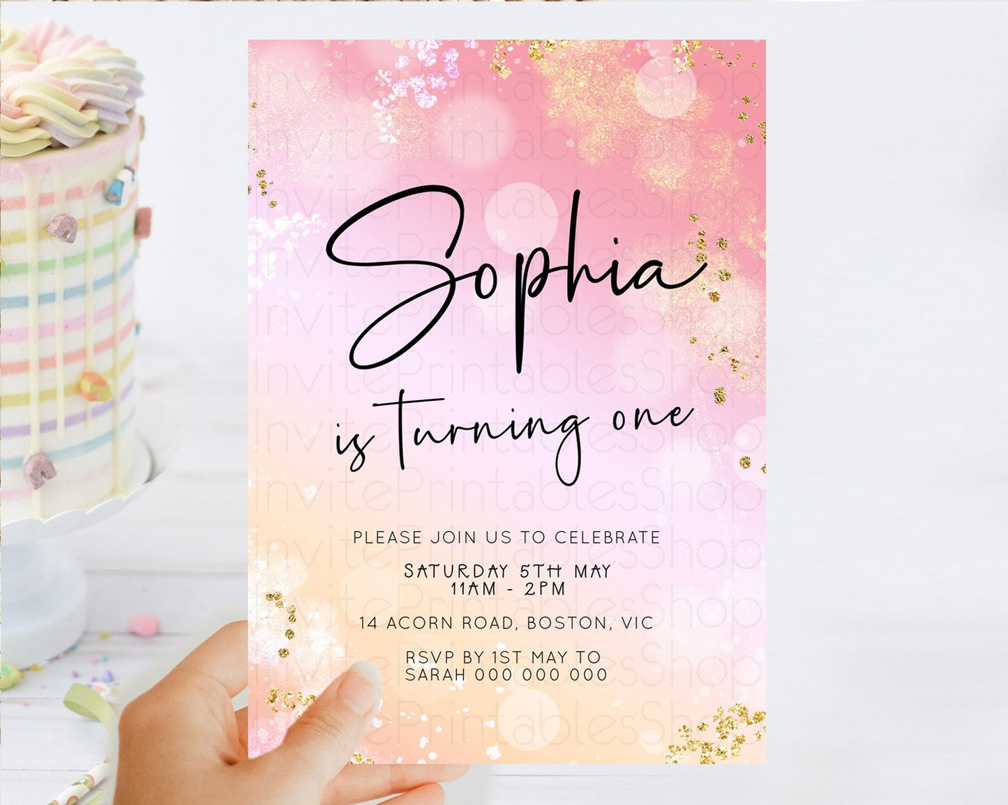 Pink Birthday Invitation pink Watercolor Invitation Pastel pink Watercolor Invitation pink Splash Gold Invitation 1st First Birthday D23095
