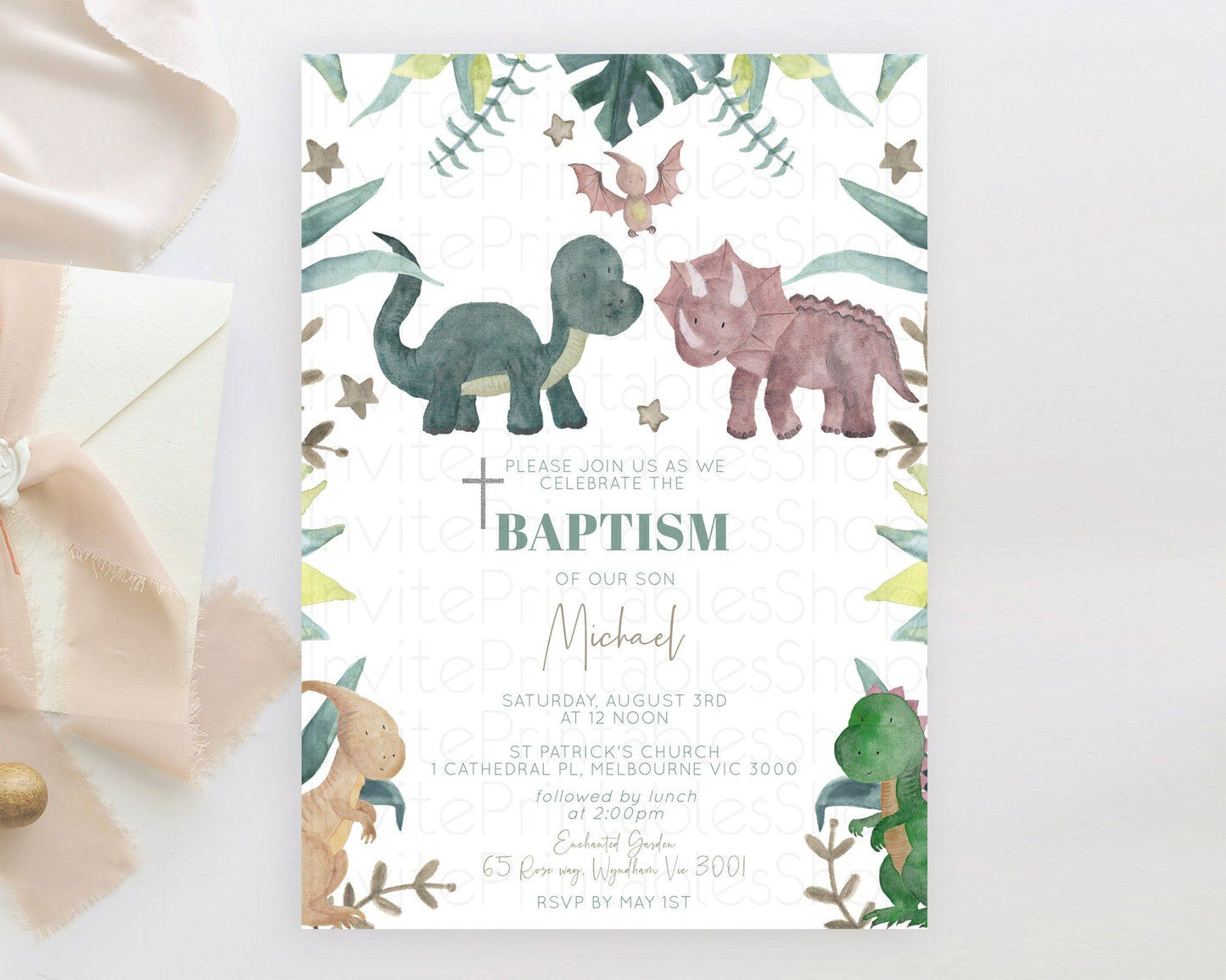 Dinosaur Baptism Invitation Dinosaur Volcano Baptism 1st Birthday Invitation Watercolor T-Rex Raptor Jurassic Christening Invitation D10597