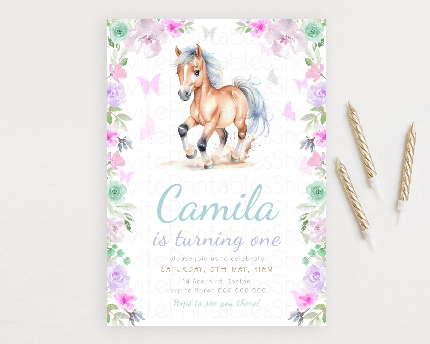 Horse Birthday Invitation, Galloping Wildflower Fields, Pastel Flowers, Butterflies, Flowers Accents for Equestrian & Cowgirls d23382