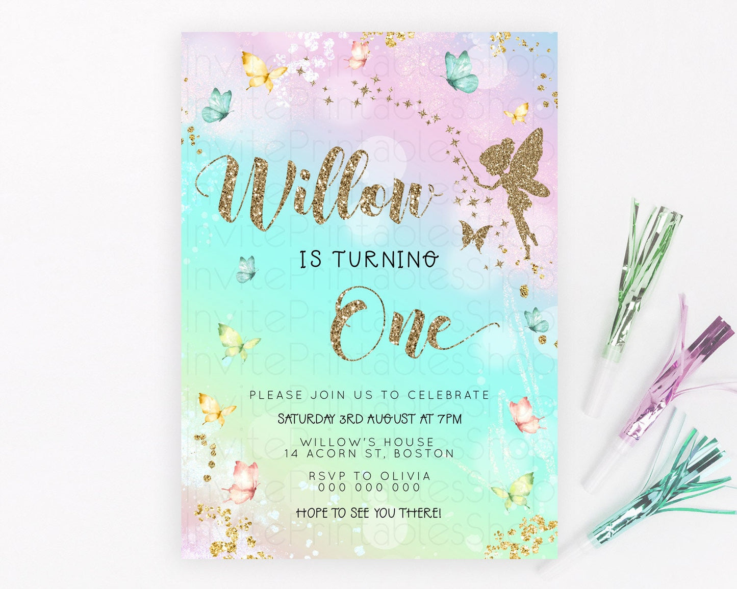 Pastel Fairy Birthday Invitation Pastel Butterflies Fairy Birthday Invitation Rainbow Ombre Watercolor 1st 2nd Birthday Invitation D23151