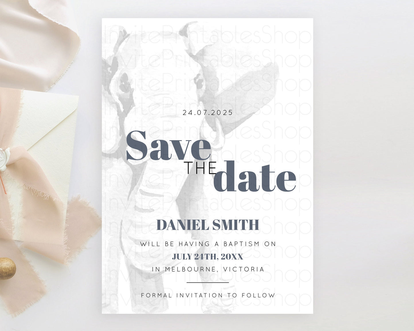 Elephant Save The Date Template Elephant Safari Adventure Party Dried Palm Fern Zoo 1st Birthday Baptism Baby Shower Bridal Shower D10292