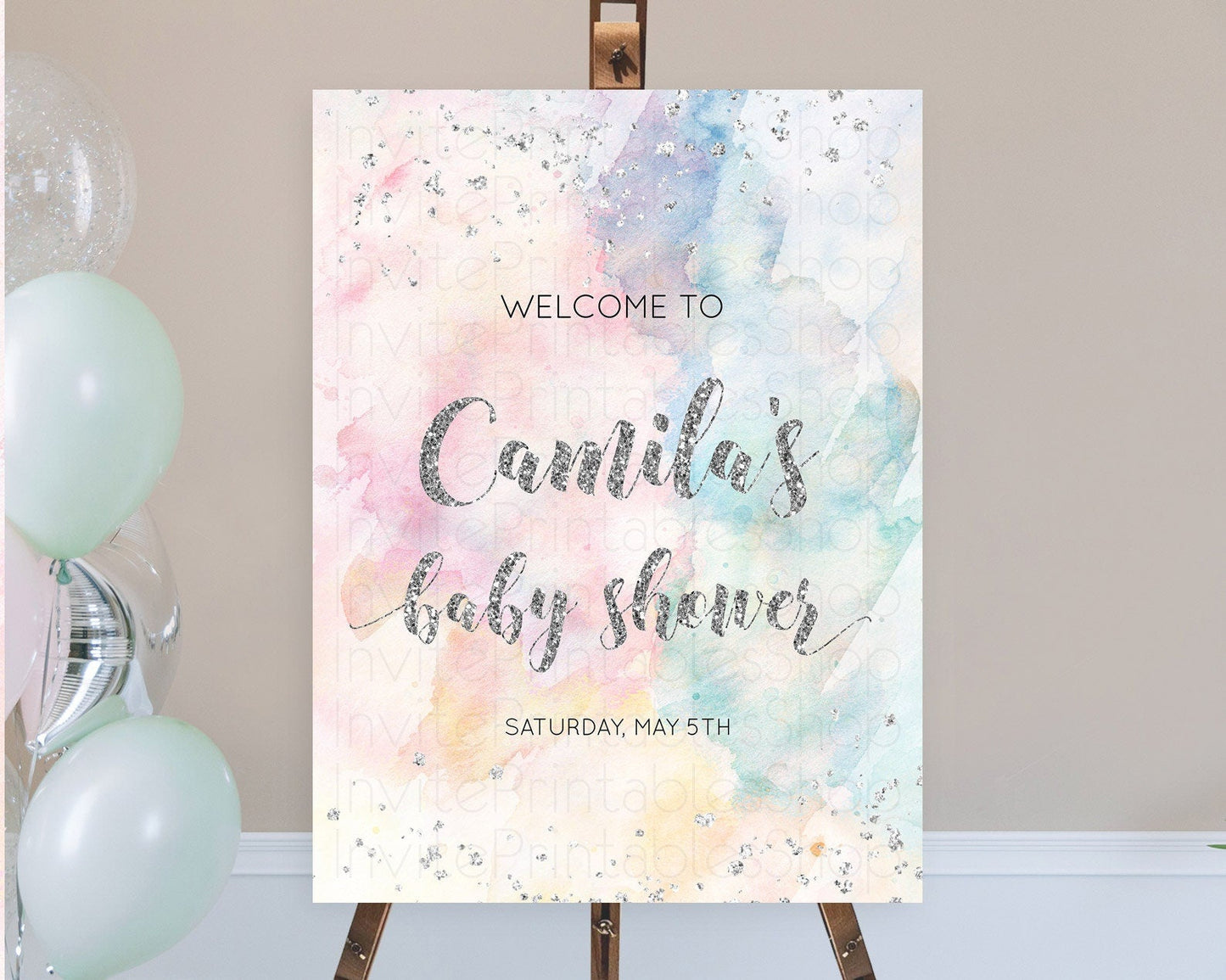 Pastel Rainbow Baby Shower Welcome Sign Pastel Welcome Board Pastel Colorful Party Poster Confetti Watercolor Silver Welcome Sign D10944