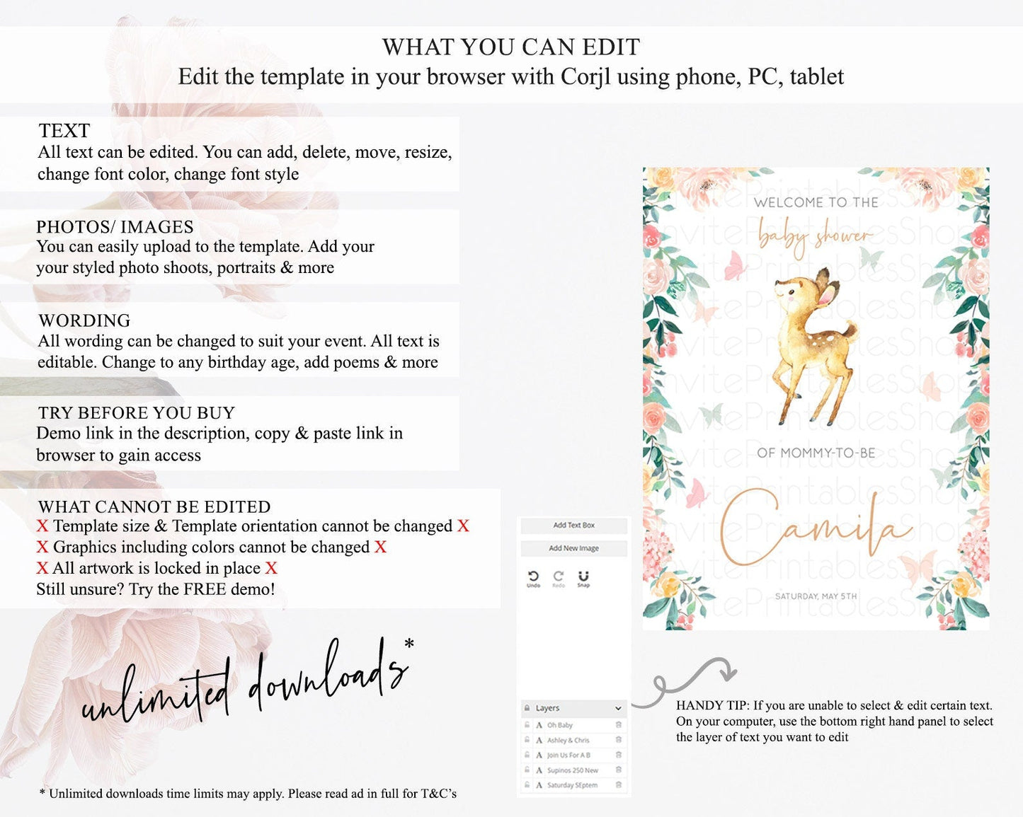 Fawn Baby Shower Welcome Sign Deer Welcome Board Floral Deer Welcome Poster Enchanted Forest Butterfly Pastel Floral Welcome Sign D10753
