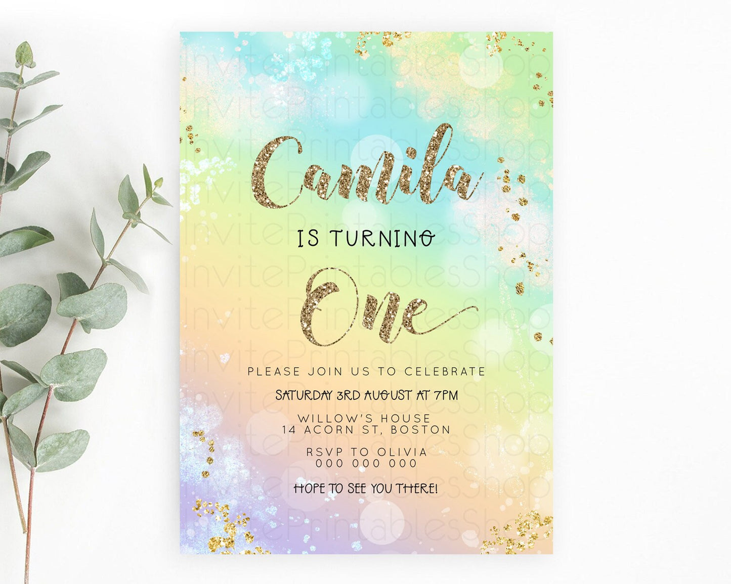 Rainbow Birthday Invitation Colorful Pastel Watercolor Invitation Gold Glitter Sprinkles Ombre Pastel 1st 2nd 3rd Birthday D23119